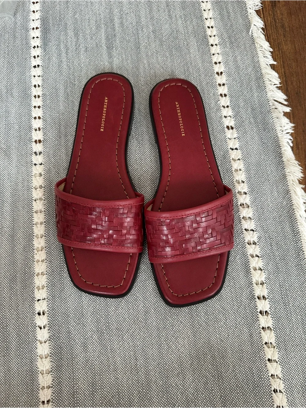 Anthropologie Red Woven Slide Sandals